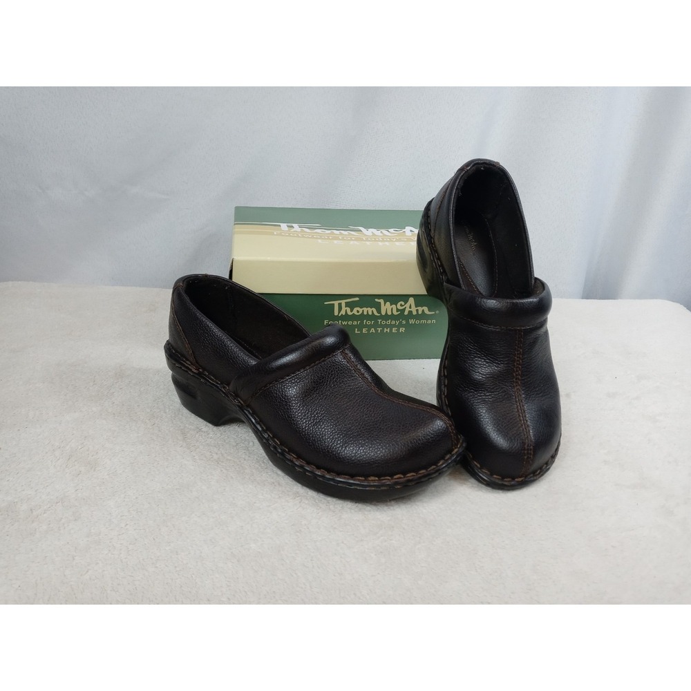 Thom McAn Womens Leather Clogs 7.5‎ M Dark Brown Comfort Slip On Shoes